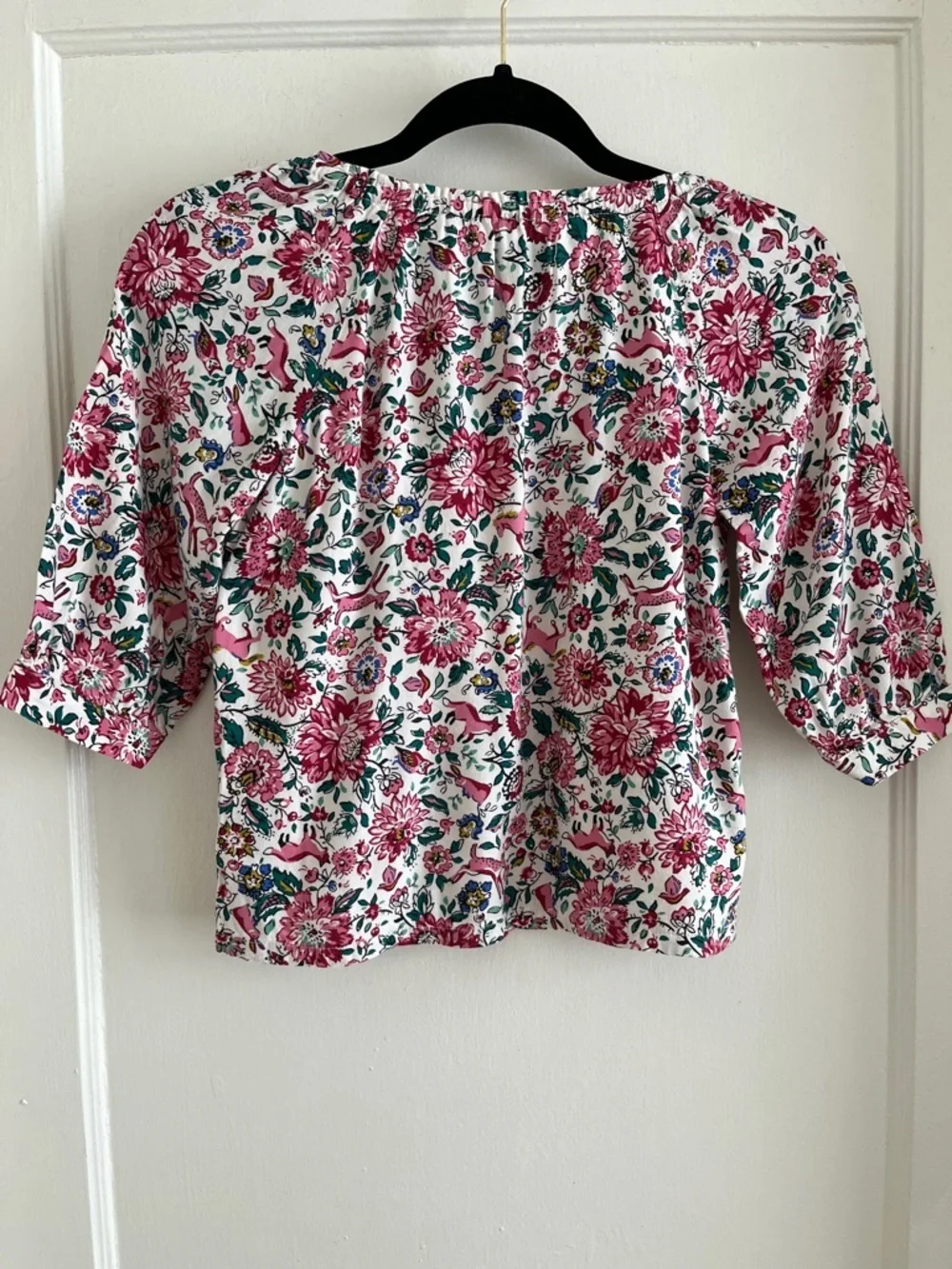 Girls Size 8 Whimsical Spring Horse Deer Rabbit Print Pink 3/4 Sleeve Top Blouse